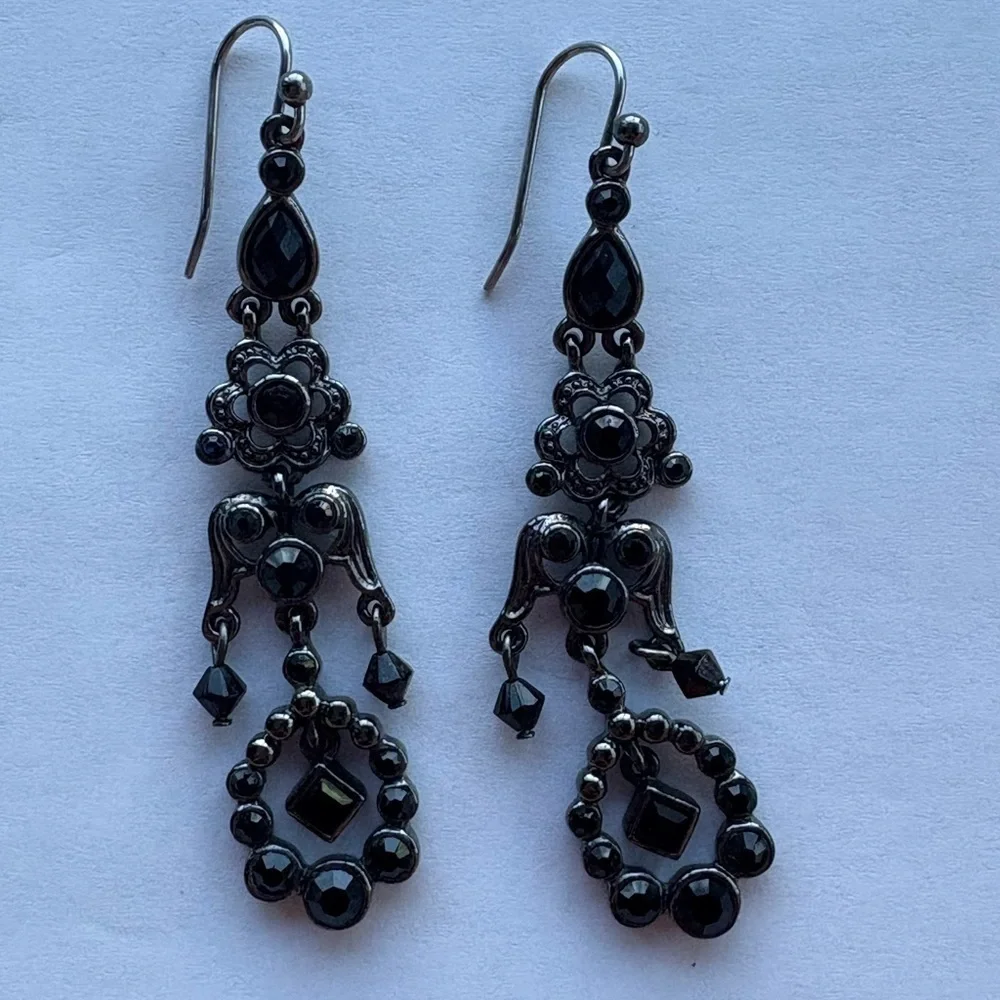 Gothic Black and silver Dangle Earrings with black crystals eclectic design
